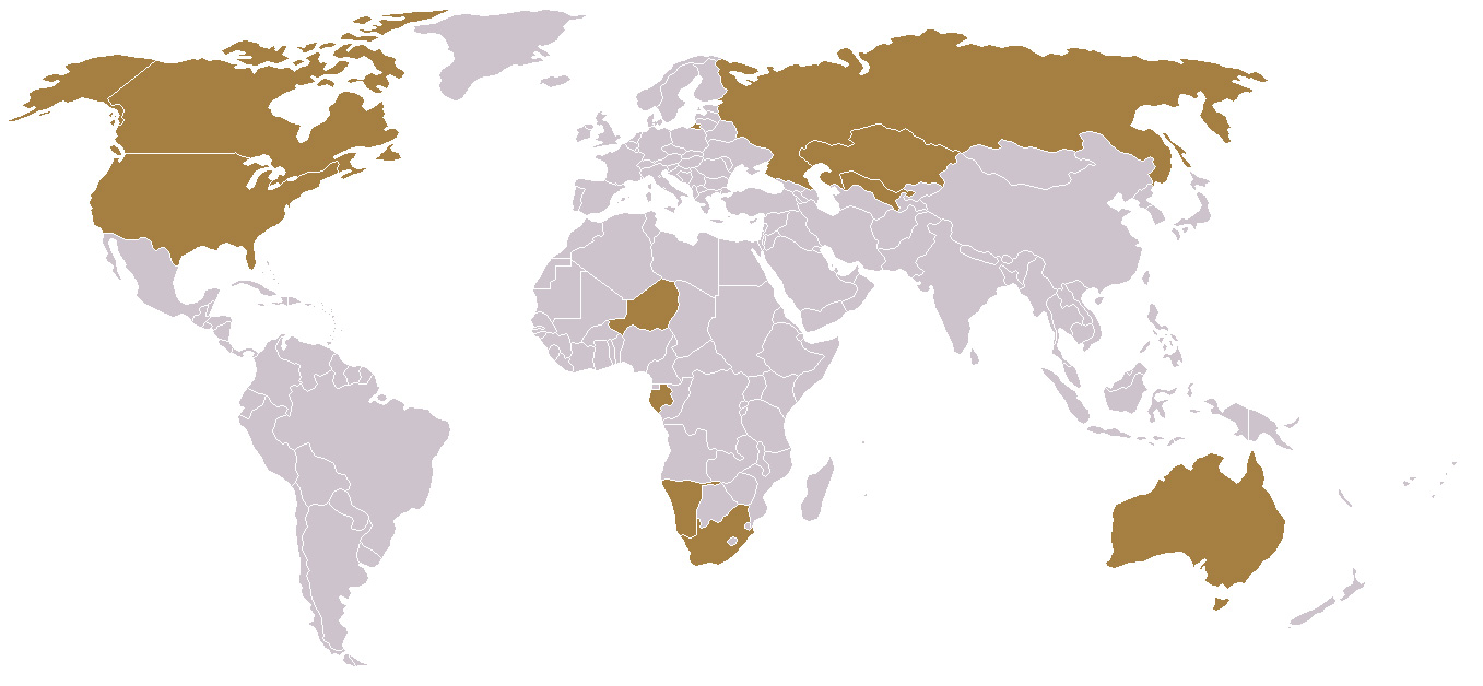10 стран, дающих 94 % мировой добычи урана