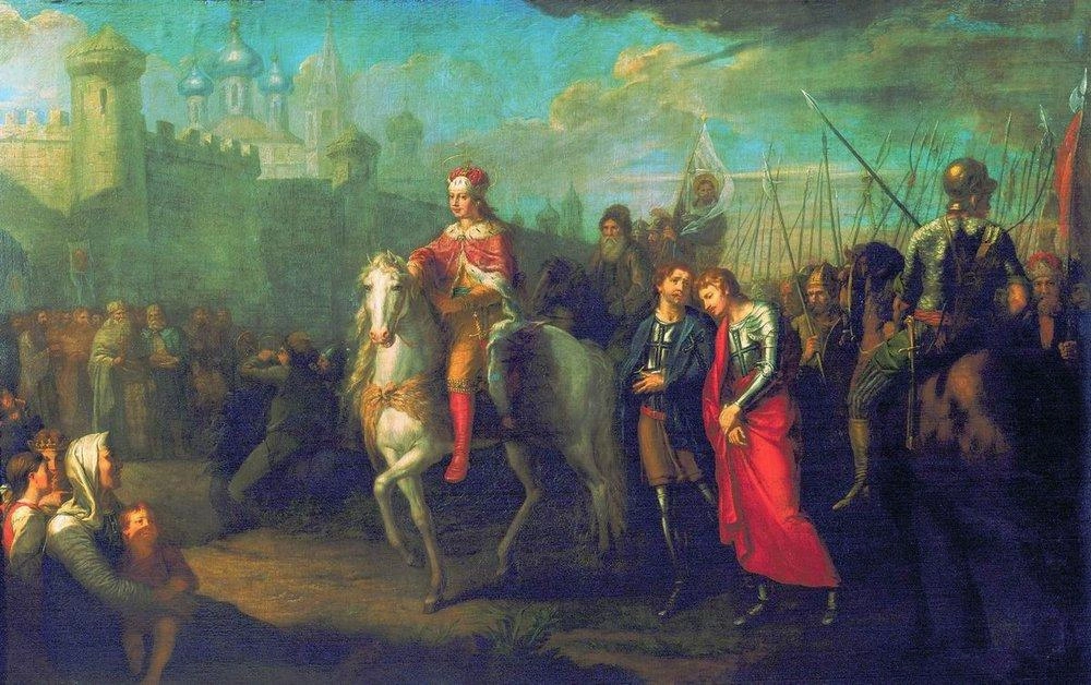Картина Г. И. Угрюмова. Торжественный въезд Александра Невского в город Псков после одержанной им победы над немцами (1793).