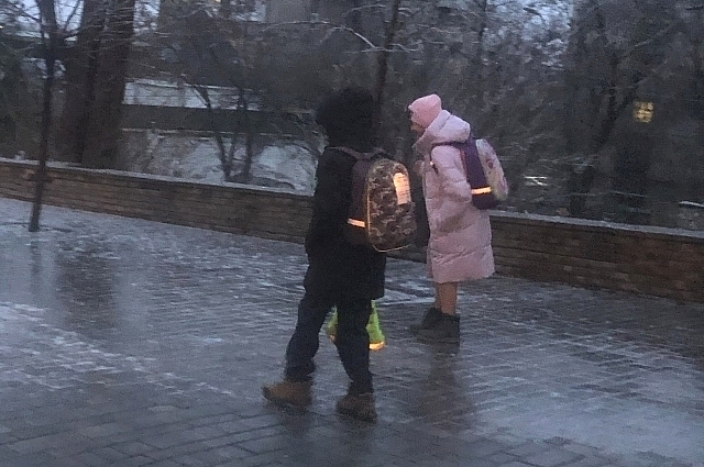 Дети по льду добираются в школу.
