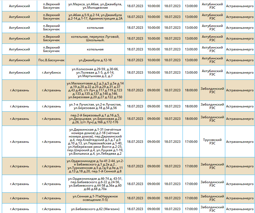 Отключения света в Астрахани 18 июля