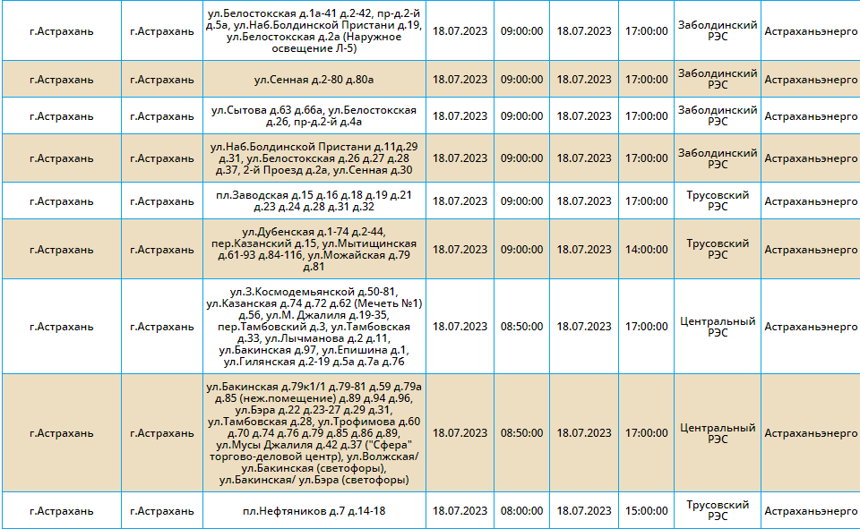 Отключения света в Астрахани 18 июля