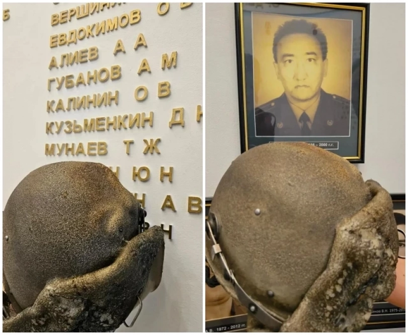 В музее МЧС Омской области: каска, которая была на Мунаеве в день катастрофы/ портрет героя.