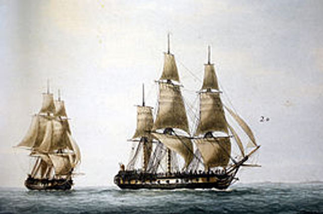 Два фрегата «Решерш» и «Эсперанс», посланные на поиски Лаперуза, на картине художника Ру, 1827.
