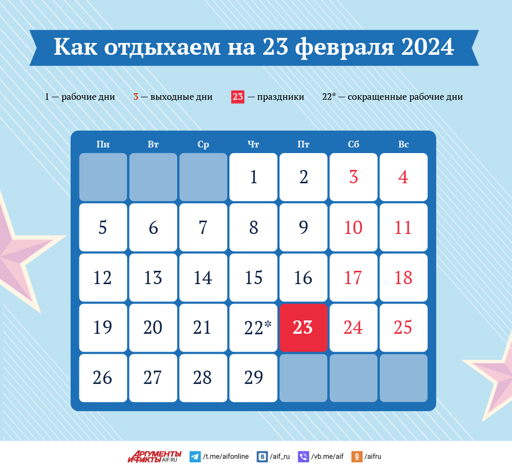 Как отдыхаем на 23 февраля 2024 года. Инфографика | Аргументы и Факты