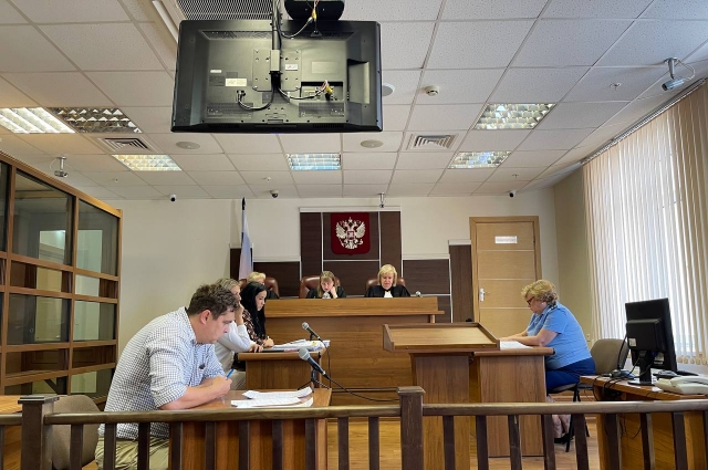 Одно из заседаний суда по жалобам на приговор: Телепнёв — на экране, экран развернули к судье.