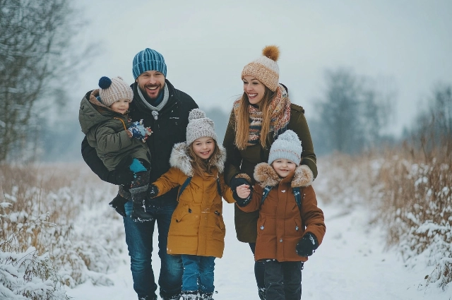 Многодетная семья прогулке, зима