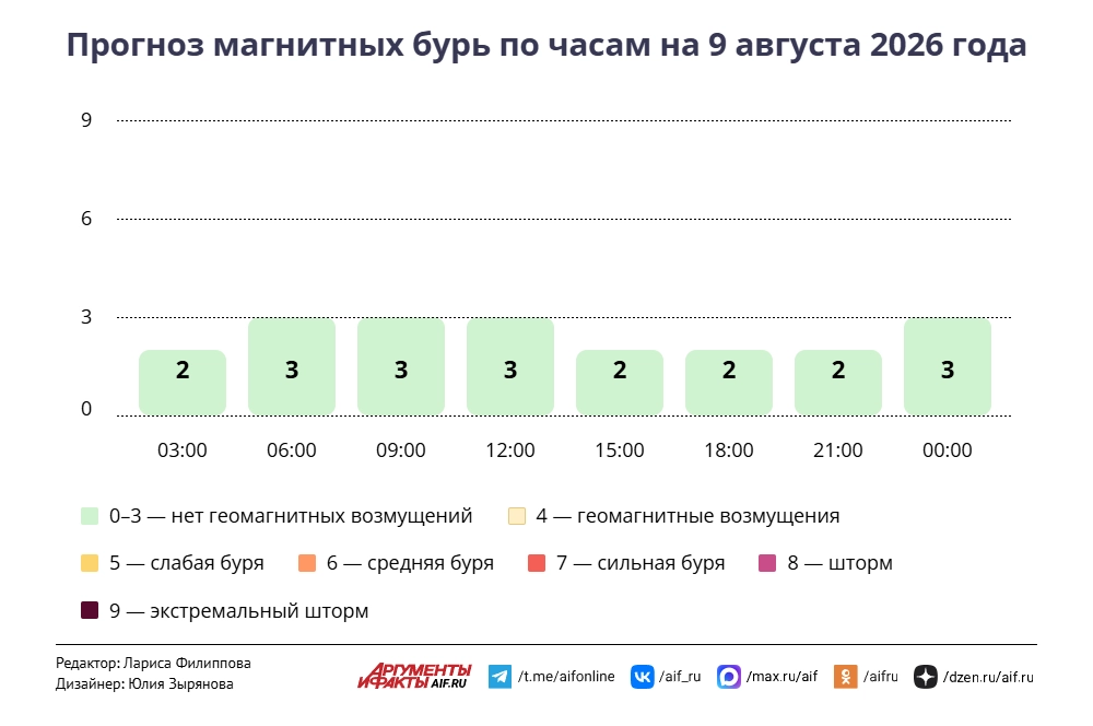 Прогноз магнитных бурь по часам на 9 августа 2026 года. Инфографика