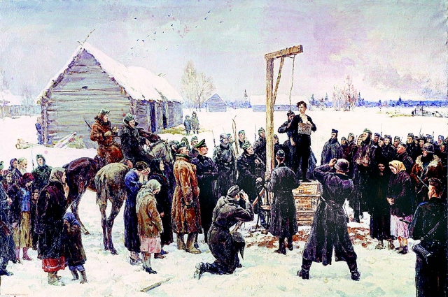 Зою ведут на казнь. Трофейный снимок, сделанный 29 ноября 1941 г. И картина казни, написанная Кукрыниксами в 1947 г.