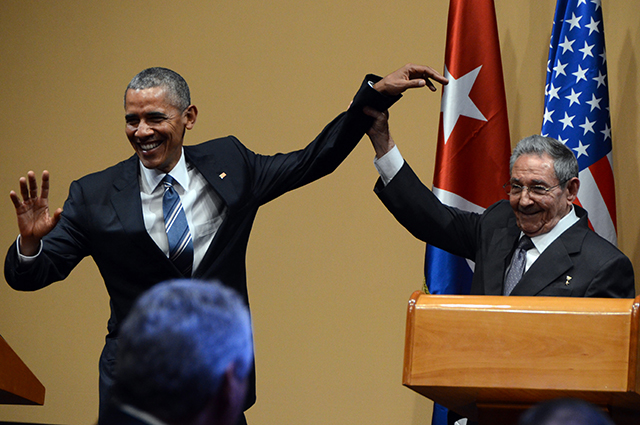 Барак Обама и Рауль Кастро на пресс-конференции.