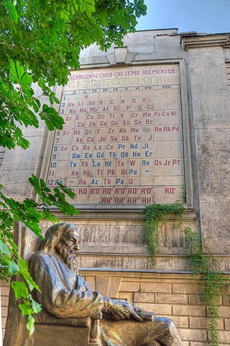 Памятник Дмитрию Менделееву и его периодической таблице, расположенной на стене ВНИИ метрологии им. Менделеева в Санкт-Петербурге
