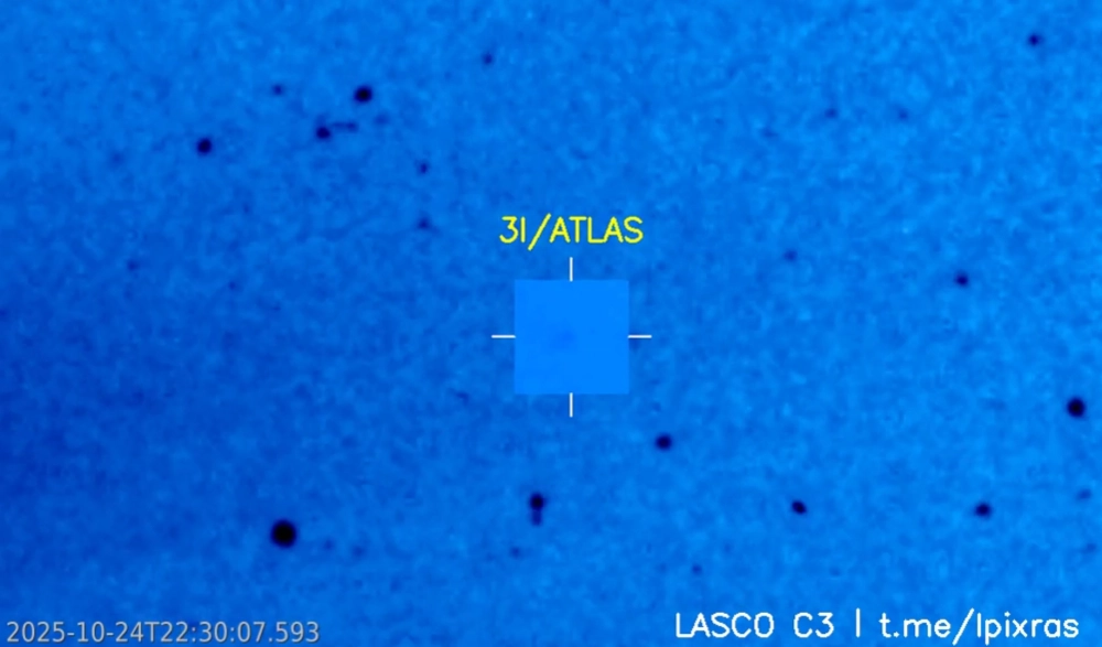Движение 3I/ATLAS возле Солнца 25 октября — видео создано специалистами Лаборатории солнечной астрономии ИКИ РАН на основе данных коронографа LASCO/C3.