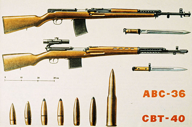 Автоматическая винтовка АВС-36 (7,62 мм) , самозарядная винтовка СВТ-40 (7,62 мм) образца 1940 года.