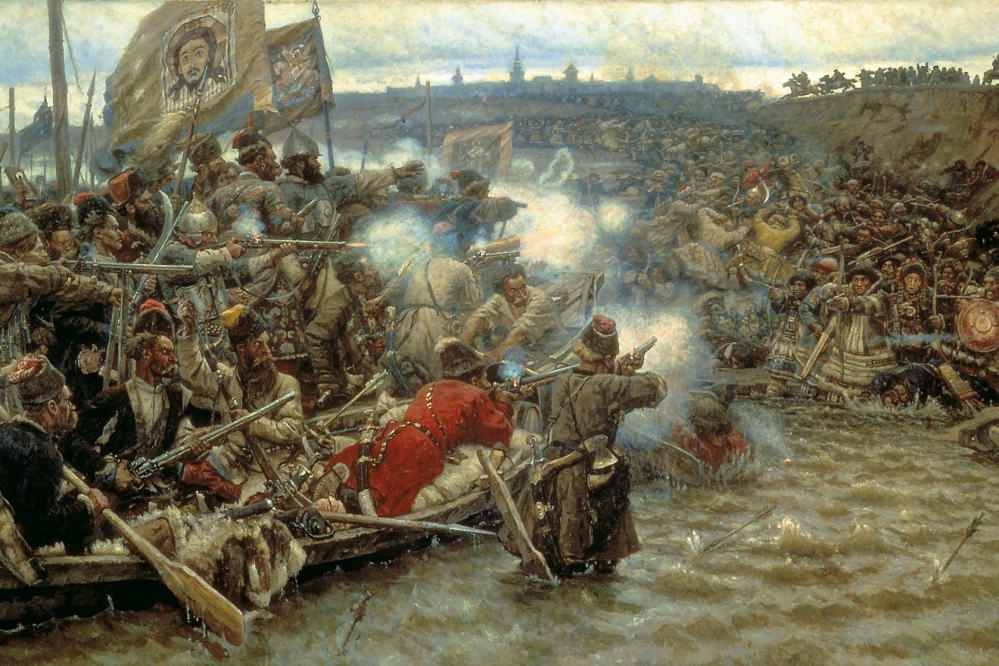 Картина русского живописца Василия Сурикова «Покорение Сибири Ермаком Тимофеевичем» (работа была окончена в 1895 году). Сюжет: решающий бой на Чувашевом мысу между казачьей дружиной Ермака и воинами сибирского хана Кучума в 1582 году.