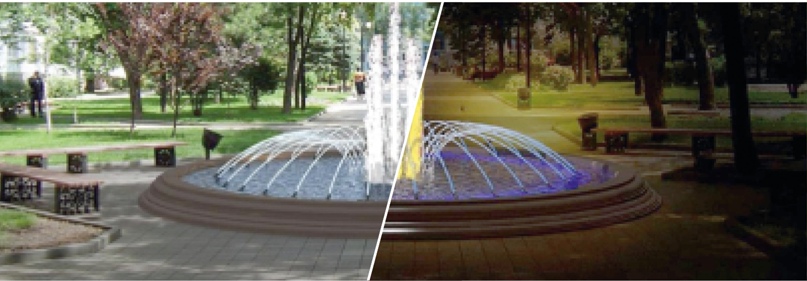 Изюминкой обновлённого парка станет современный фонтан. 25 струй будут ниспадать к центру сооружения, ещё одна - бить потоком воды вертикально вверх.