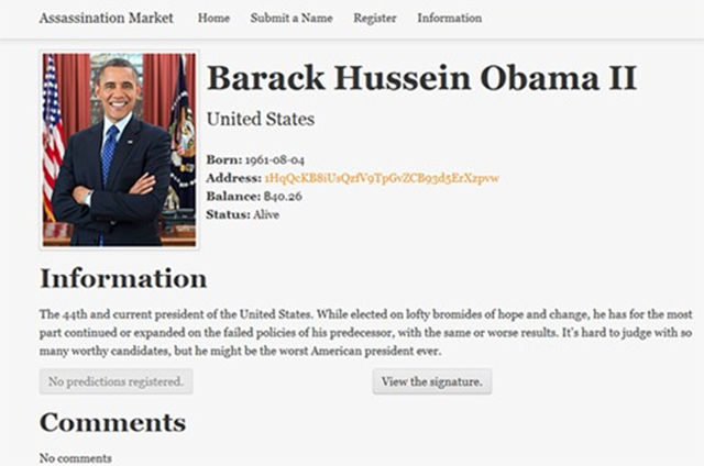 Страница о Бараке Обаме на анонимной бирже The Assassination Market