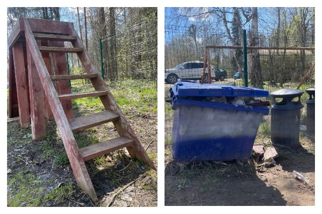 Баки на площадке переполнены, а часть конструкций сломалась.