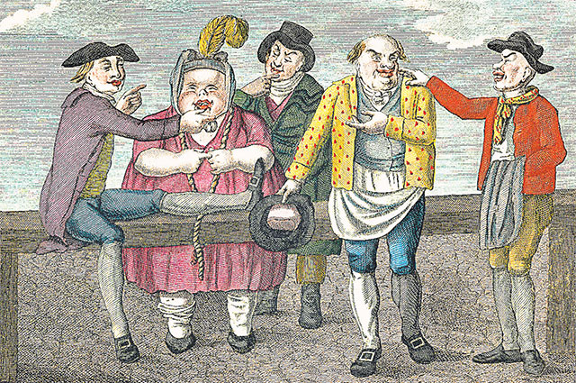 Перед сделкой купли-продажи покупатели проверяют качество товара - все ли зубы на месте у продаваемой жены? Английская карикатура 1797 г.