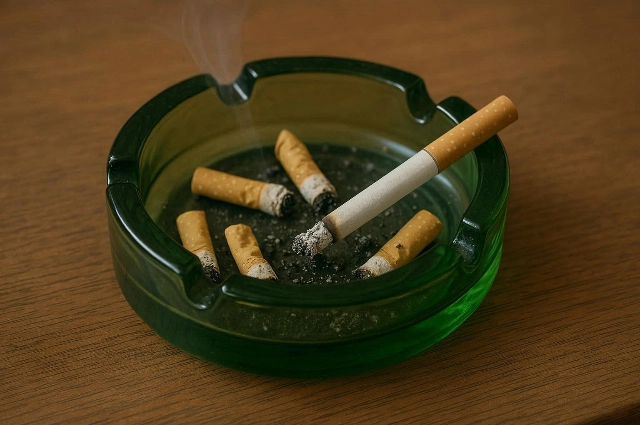 Пепельница с окурками и дымящейся сигаретой