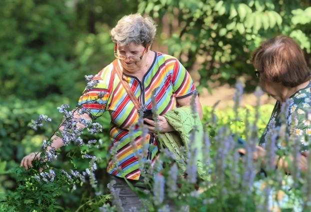 Посетители фотографируются с цветами.