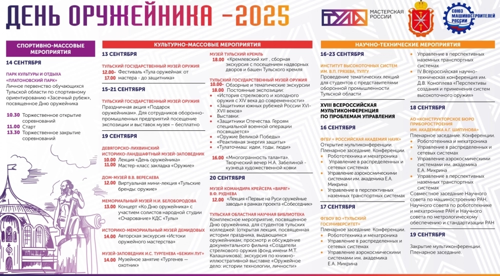 Полная афиша мероприятий ко Дню оружейника в Туле.
