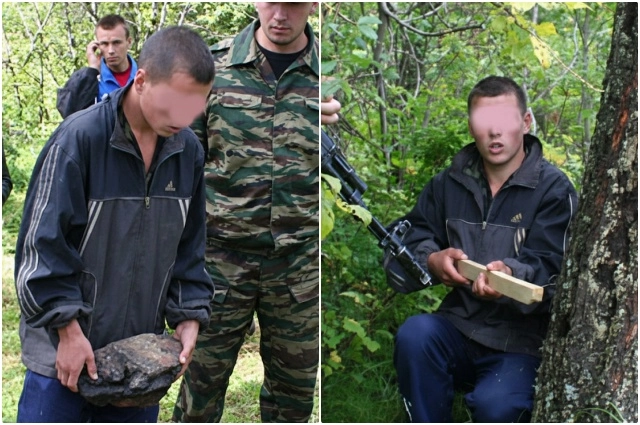 Убийца на следственном эксперименте.