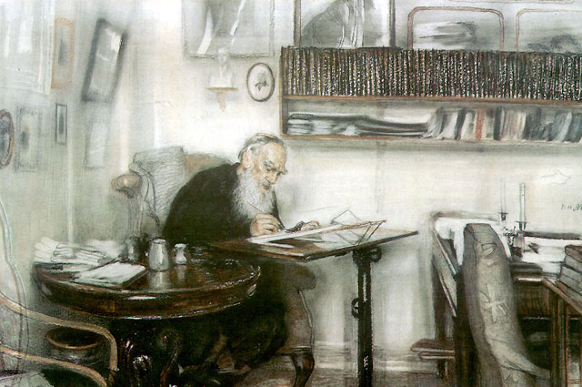 Василий Мешков. Л. Н. Толстой за работой в библиотеке в Ясной поляне . 1910 год