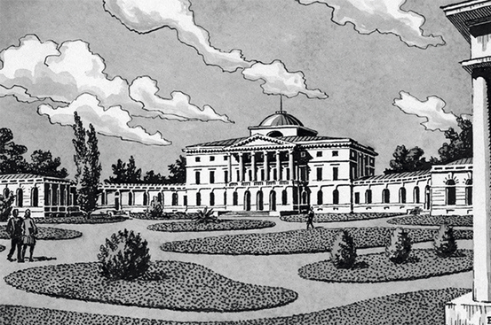 Графическая реконструкция дворца Завадовского, выполненная архитектором В. Городковым.
