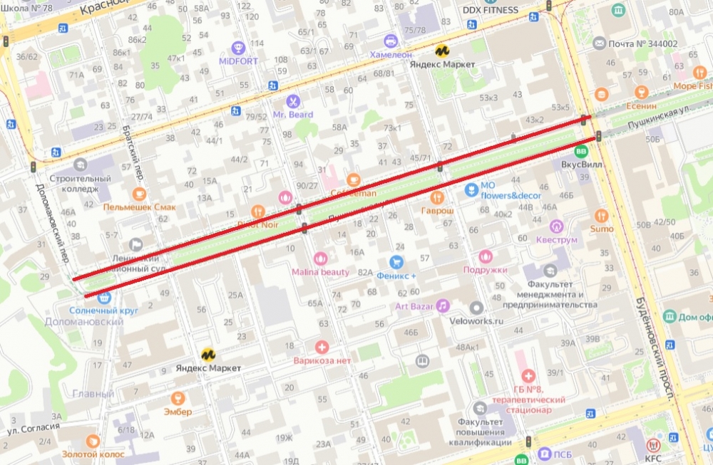 Красным выделена часть улицы, где запрещена парковка по вечерам до 2 июня