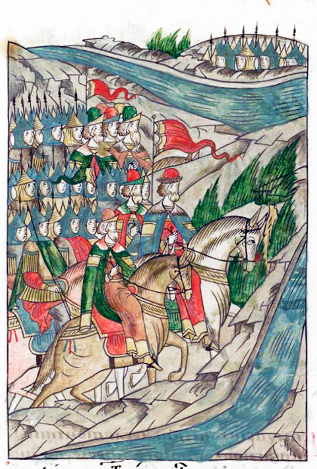 Дмитрий Донской на пути к Куликову полю. Лицевой летописный свод, XVI век