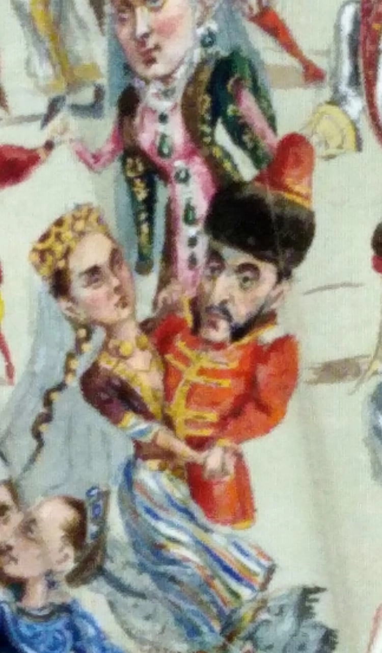 Веер с карикатурами на бал 1883 г. Зинаида Юсупова с косичкой и в тюбетейке.