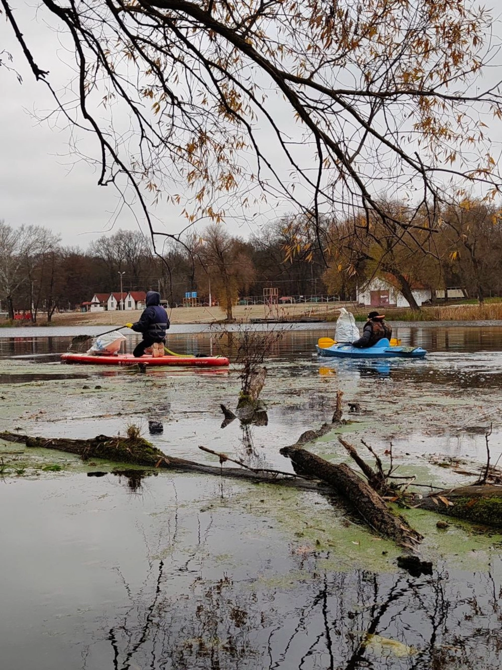 Волонтёры на сапбордах очищают реку от мусора.
