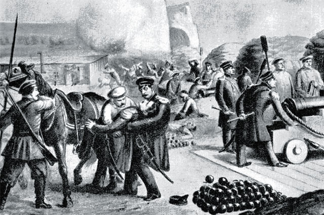 Смертельное ранение вице-адмирала Корнилова на Малаховом кургане. Акварель А. Земцова. 1860-е гг.