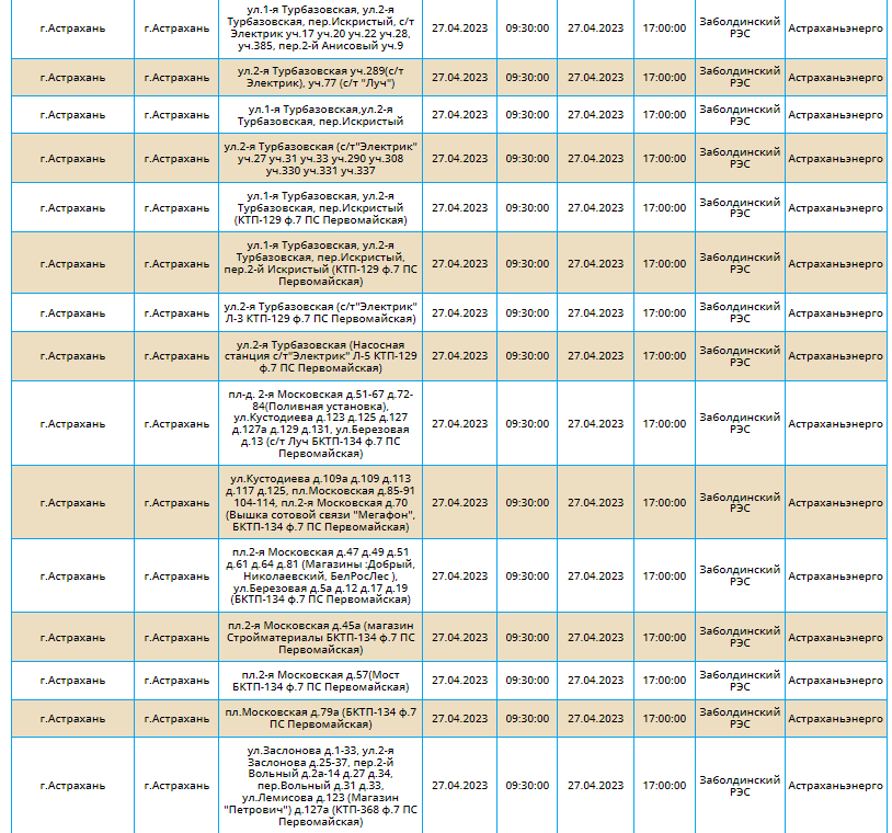 Отключения света 27 апреля в Астрахани