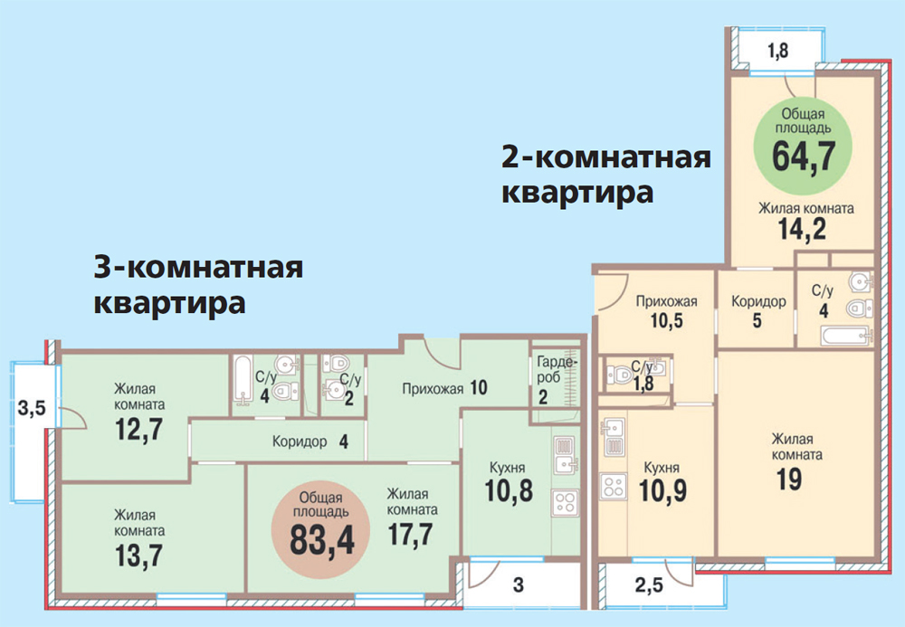 Планировки квартир в доме на Пр. Вернадского, 61, к. 3. Метраж может меняться. На схеме один из вариантов планировок.