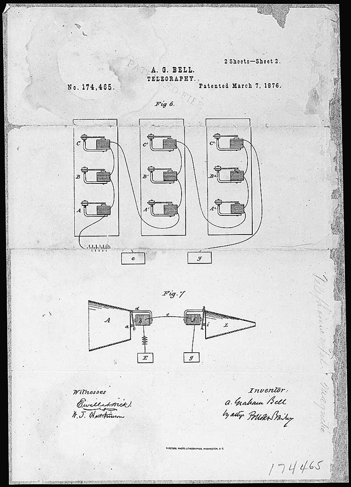 Рисунок запатентованного телефона Александра Белла, 1876 г.