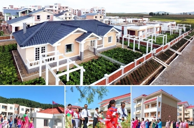 Жилые дома, построенные по плану партии о строительстве деревни, и сельские труженики, справляющие новоселье