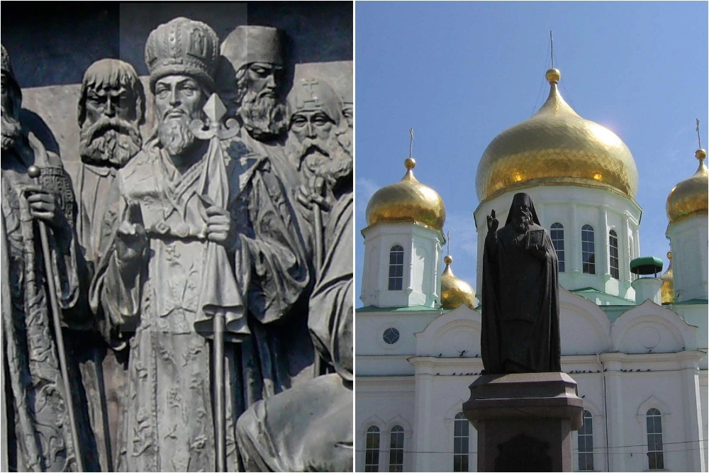 митрий Ростовский на памятнике «Тысячелетие России» (1862) в Великом Новгороде; Памятник святителя Димитрия Ростовского перед кафедральным собором в Ростове-на-Дону