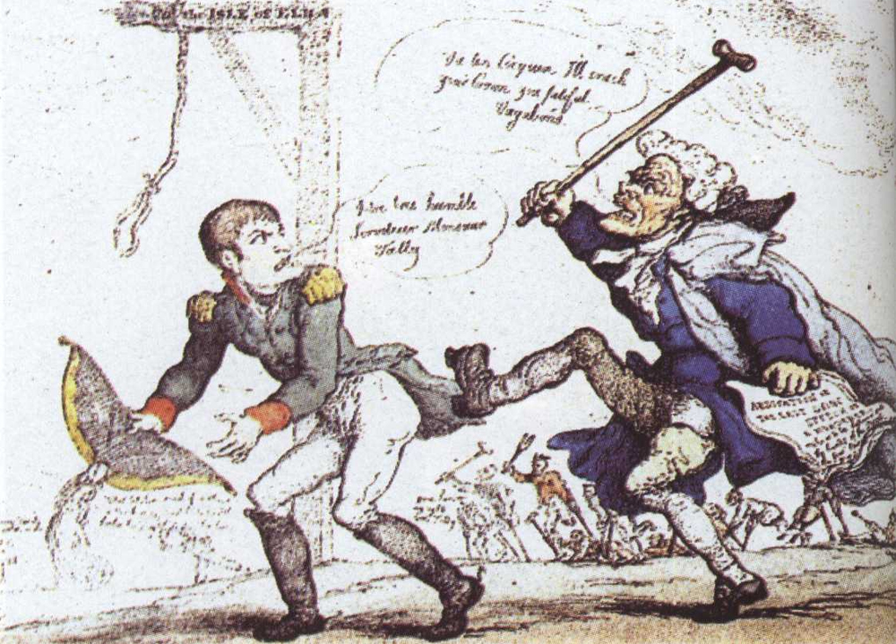 Современная карикатура комментирует падение Наполеона в 1814 году. На изображении изображен калека Талеранд, который прогоняет Наполеона.