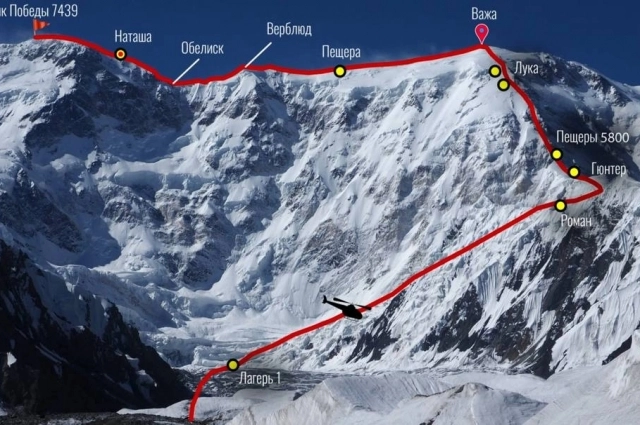 На карте точками указаны места, где находились альпинисты..
