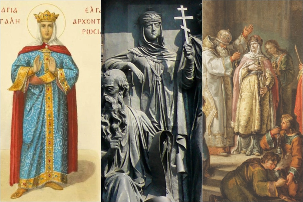 Изображение Ольги кисти Фёдора Солнцева; Княгиня на Памятнике «1000-летие России» в Великом Новгороде; Крещение княгини Ольги кисти Ивана Акимова.