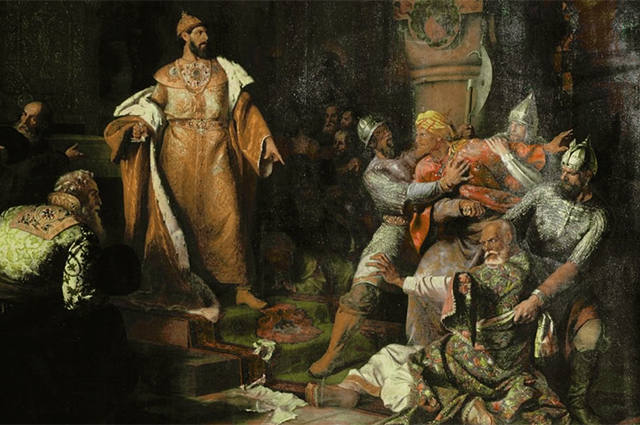 Картина Н. С. Шустова «Иван III свергает татарское иго, разорвав изображение хана и приказав умертвить послов», 1862 г.
