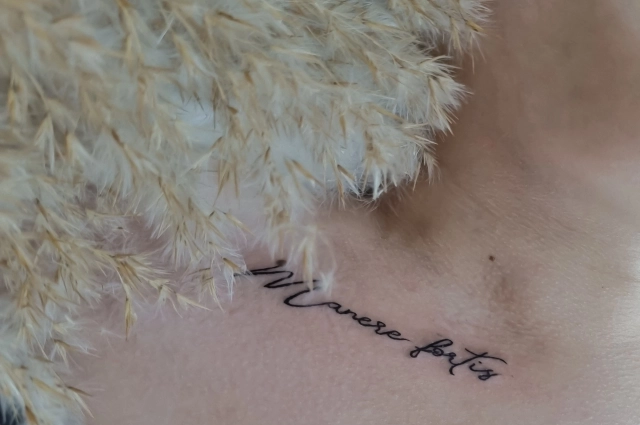 На ключице Яна Скай набила татуировку на латыни Manere Fortis «Оставайся сильной»