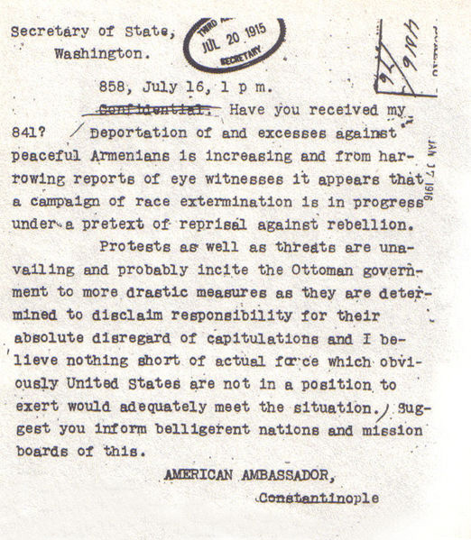 Телеграмма посла США Генри Моргентау в Государственный департамент (16 июля 1915 года) описывает уничтожение армян как кампанию расового искоренения 