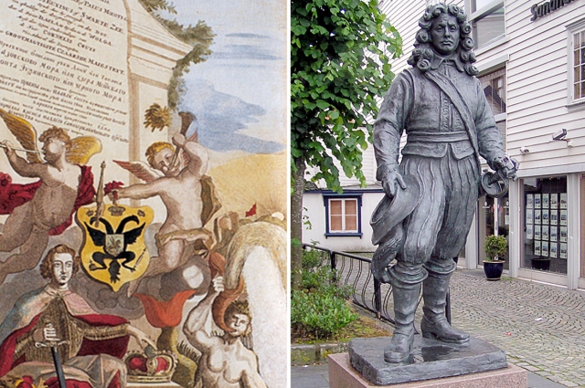 Первый русский атлас (Атлас Крюйса), разработанный адмиралом Крюйсом и Петром Великим (фрагмент) и памятник адмиралу в Ставангере.