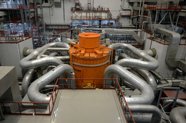 Реактор БН-800 напоминает огромного осьминога с оранжевым телом и серебряными щупальцами.