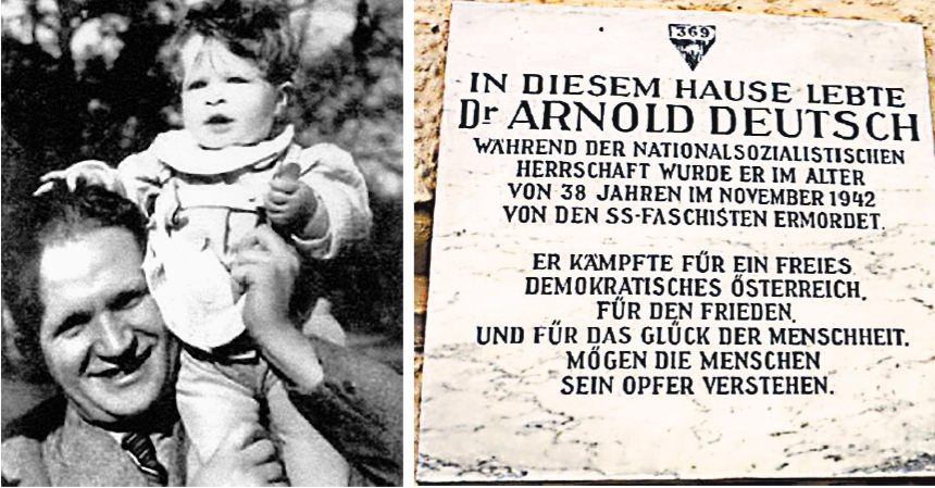 Арнольд Дейч с дочерью Нинеттой. На фото справа: мемориальная  доска на стене дома в Вене, где жил разведчик.