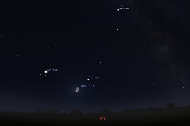 Юпитер, Сатурн и Луна на вечернем небе 14 октября в 20:00