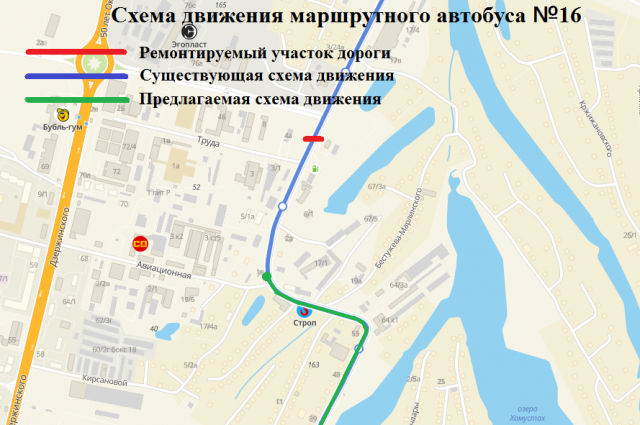 Схема объезда маршрутного автобуса №16.