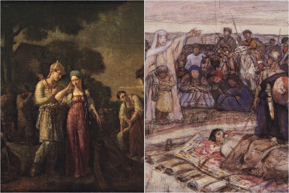 Первая встреча князя Игоря с Ольгой. Художник В. К. Сазонов; «Княгиня Ольга встречает тело князя Игоря». Эскиз В. И. Сурикова