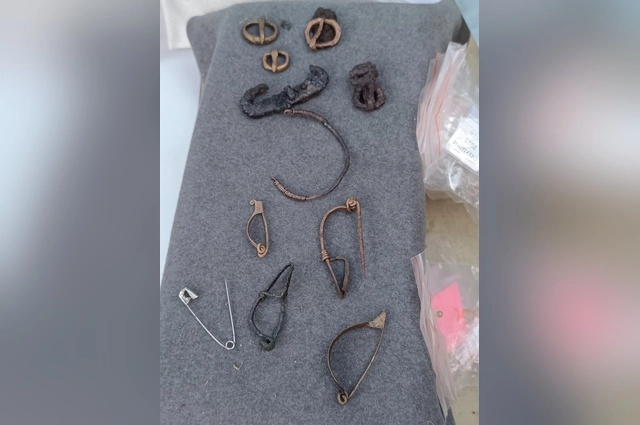 Пряжки, браслет, застёжки-фибулы. Современная булавка — для масштаба.